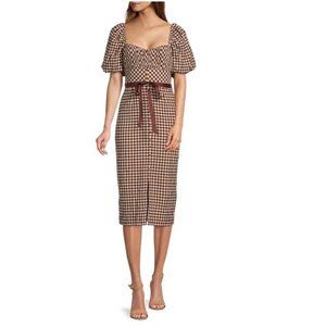 Antonio Melani Donna Wool Blend Plaid Print Square Neck Short Puff Sleeve Front